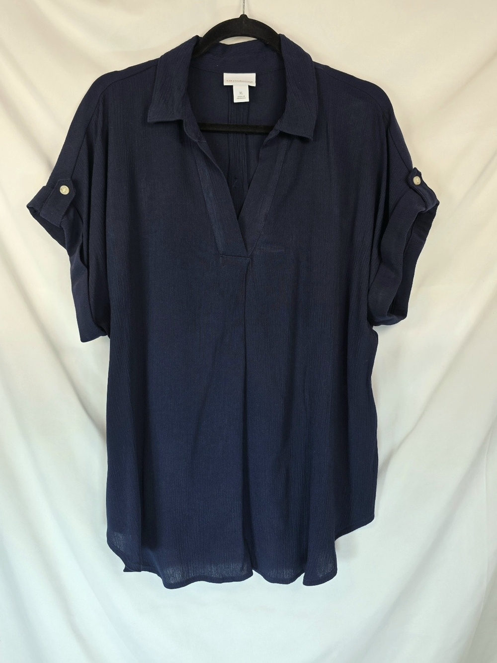 Liz Claiborne Navy Blue Blouse Sz XL Crinkle Gauze Popover Cuffed Sleeves Fluid